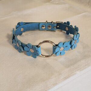 Blue flowers fake leather choker necklace. Fits neck sizes 13" to 15"